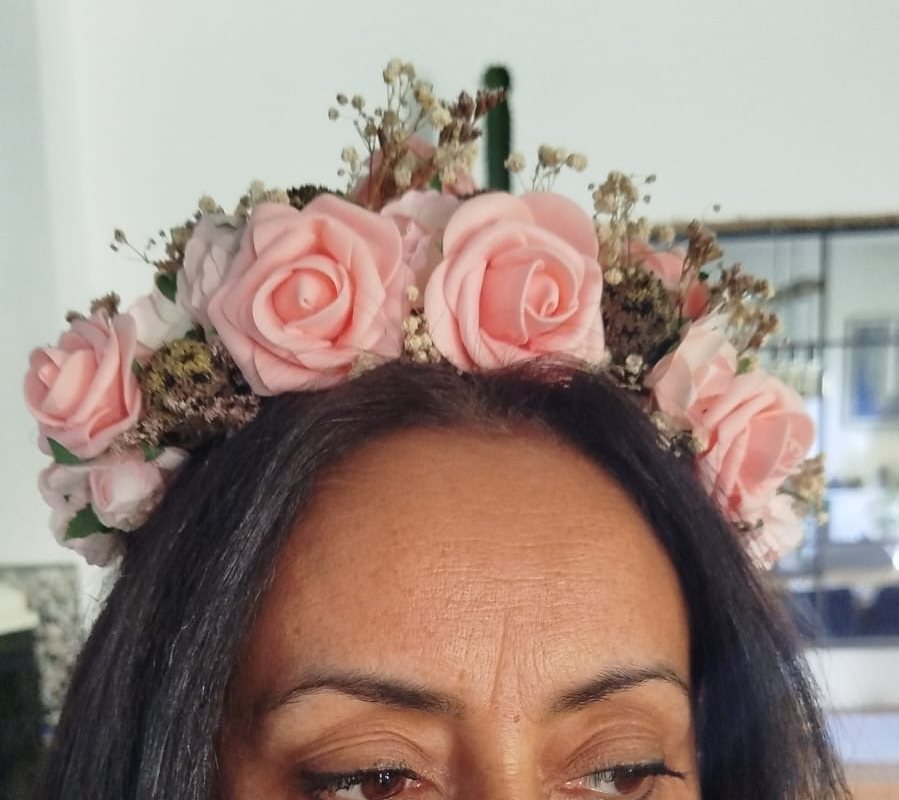 Crown of blush pink roses with dried gypsophila and golden accents